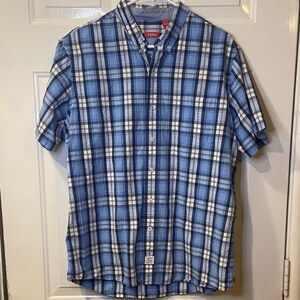 IZOD Plaid Button Down Shirt Mens Large Blue Short Sleeve Preppy